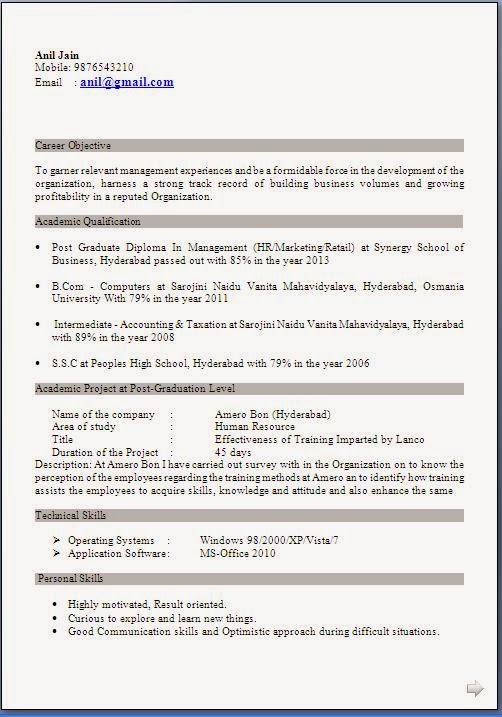 Free downloading resume format for freshers